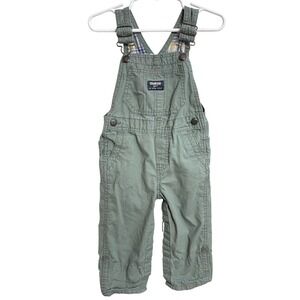 OshKosh B'gosh 24M Sage Green Canvas Overalls Plaid Lined Rustic Cottagecore